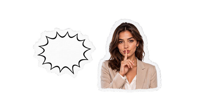 Woman Holding Finger to Lips with Speech Bubble, Silence and Secret Communication, Quiet Gesture and Mystery Idea in Torn Paper Cut-Out Collage Style