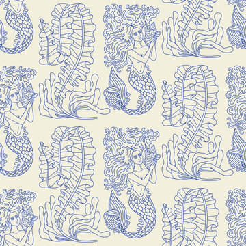 Seamless modern toile pattern with blue detailed line art mermaids, sea kelp, and shells on a cream background. Vintage coastal nautical aesthetic