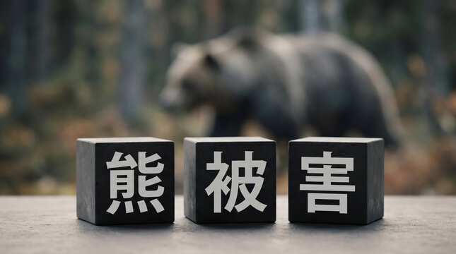 森のクマと「熊被害」の文字ブロックで表現する社会問題コンセプトイメージ