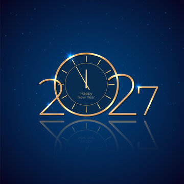 Happy New Year 2027, 27. Holiday greeting card. Shiny golden 2027 on blue background. New Year design for invitation, calendar, greeting card. Gold logo. Party event decoration. Vector illustration