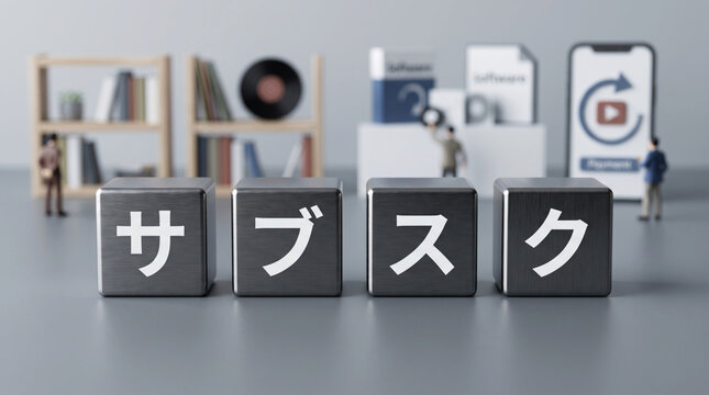 「サブスク」の文字ブロックと定額制サービスをイメージした立体ビジュアル