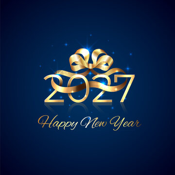 Happy New Year 2027, 27. Shiny golden 2027 with ribbon bow on blue background. Holiday greeting card. New Year design for invitation, calendar, greeting card. Gold logo. Party event decoration. Vector