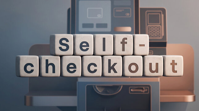 「Self-checkout」の文字ブロックとセルフレジ決済端末の概念画像