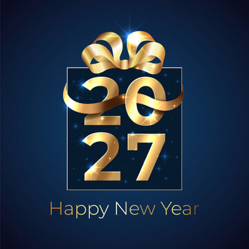 2027, 27 Happy New Year. Shiny golden 2027 in shape of gift box with ribbon, bow on dark background. Greeting card. New Year design for invitation, calendar, greeting card. Vector illustration