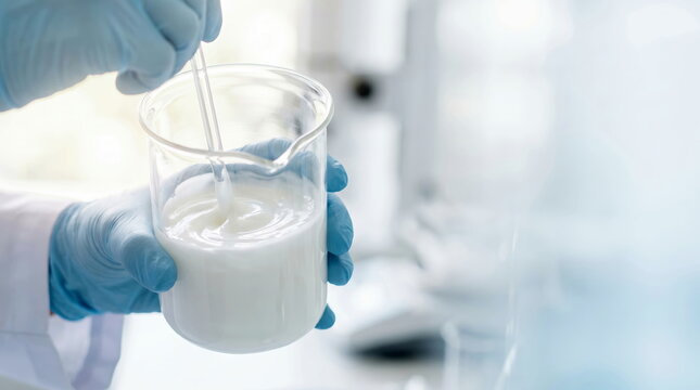 Laboratory preparation, gloved hand stirring white liquid in beaker in bright scientific research lab for cosmetic or pharmaceutical product development.