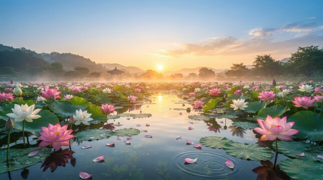 Serene Lotus Pond at Sunrise with Misty Mountains and Gazebo water lily lake