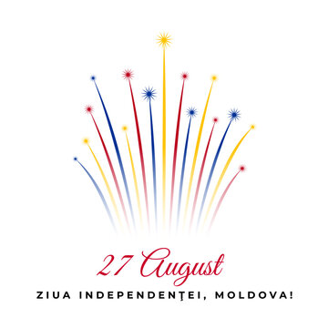 27th of august, moldova independence day. Moldovan colorful fireworks flag on white background. National holiday august 27. Greeting card. Vector. Translation August 27th moldova independence day
