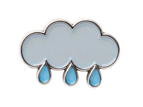 Rain cloud pin with three blue droplets and a silver outline, isolated on transparent background