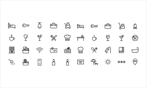 Set outline icons related to hospitality industry. Linear icon collection. Editable stroke. Vector illustration