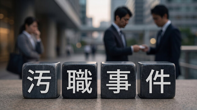 「汚職事件」の文字とビジネス街で接触するスーツの男性たち