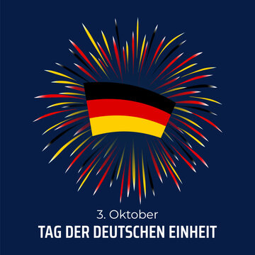 October 3, unity day germany, colorful fireworks, Shining German flag on blue sky background. National holiday. Greeting card. Vector illustration. Translation Day of German unity. October 3rd