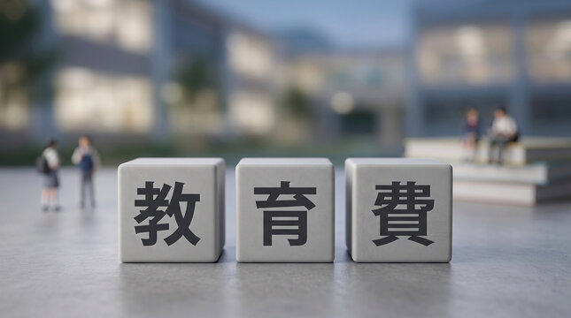 校舎を背景に「教育費」の文字を刻んだブロックを並べたイメージイラスト