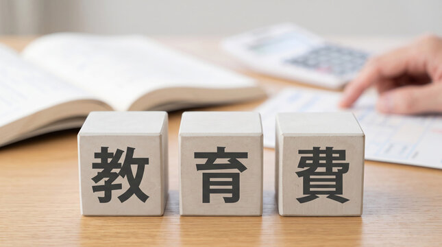 「教育費」の文字を刻んだ木製ブロックと電卓や参考書のコンセプト画像