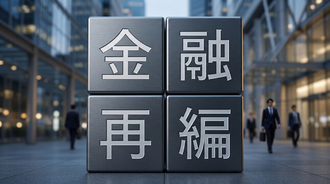 オフィス街を背景に「金融再編」の文字を刻んだブロック