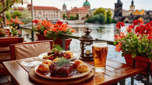 Czech beef goulash , tender slow-cooked beef, golden Czech lager on wooden table on a panoramic riverside terrace, breathtaking view across the Vltava River toward Prague