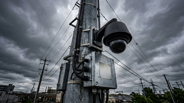 Modern Outdoor CCTV Security Camera Mounted on Utility Pole | Urban Surveillance Dome Camera Under Stormy Cloudy Sky | Public Safety CCTV Dome Camera Installed on Metal Utility Post | City CCTV Monito