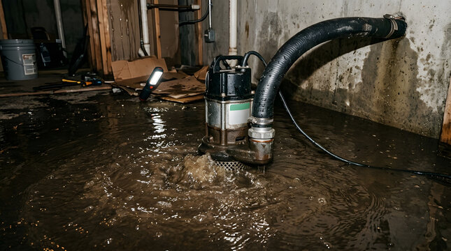 Submersible Sump Pump Draining Water from Flooded Basement | Emergency Flood Water Removal with Heavy Duty Submersible Pump | Basement Waterproofing and Flood Drainage Equipment in Action 