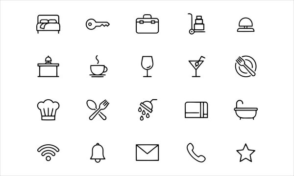 Set outline icons related to hospitality industry. Linear icon collection. Editable stroke. Vector illustration
