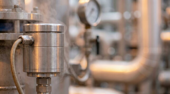 Industrial metallic valve with steam release within factory piping system, representing energy and manufacturing.