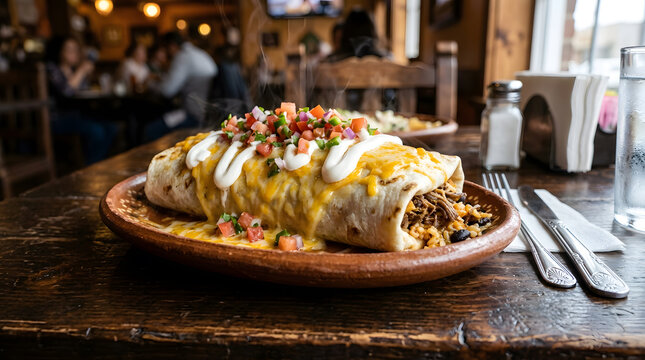 Titles:
Steaming Shredded Beef Burrito Topped with Melted Cheese and Pico de Gallo | Loaded Wet Burrito Served in Authentic Mexican Restaurant | Delicious Beef Burrito Smothered in Cheese Sauce 