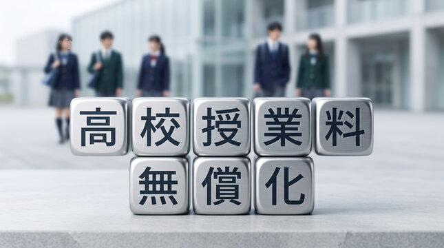 「高校授業料無償化」の文字と校舎背景に立つ高校生たちのイメージ