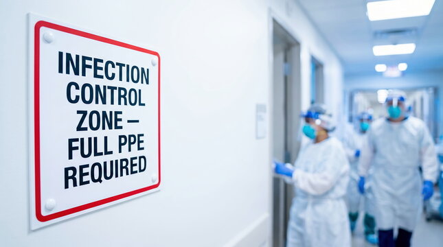 Infection control sign on hospital wall with medical staff in PPE, healthcare safety protocol.