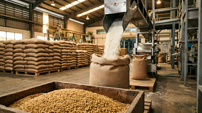 Processed White Rice Pouring into Sack in Mill | Industrial Grain Processing Plant and Storage Facility | Automated Rice Milling Factory with Burlap Sacks | Grain Packaging Line in Modern Agricultural
