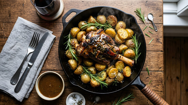 Gourmet Roasted Lamb Shank with Potatoes in Cast Iron Skillet | Slow Cooked Lamb Shank Garnished with Fresh Rosemary | Savory Braised Lamb Shank Served with Gravy and Wine 