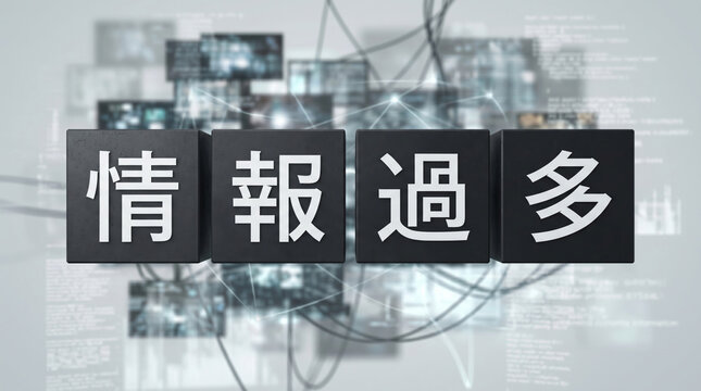 「情報過多」の文字を立体ブロックで表現したビジネスコンセプト画像