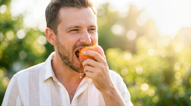 Adult man enjoying delicious juicy peach, biting into fruit with juice dripping, outdoors in sunny summer garden for healthy lifestyle.