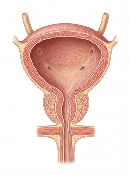 Medical illustration of male urinary bladder and urethra anatomy showing prostate and ureteral orifices
