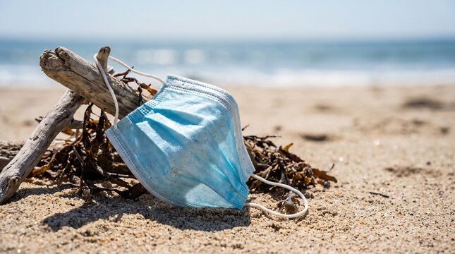 Surgical mask discarded on sandy beach with driftwood, ocean in background, representing environmental pollution and waste.