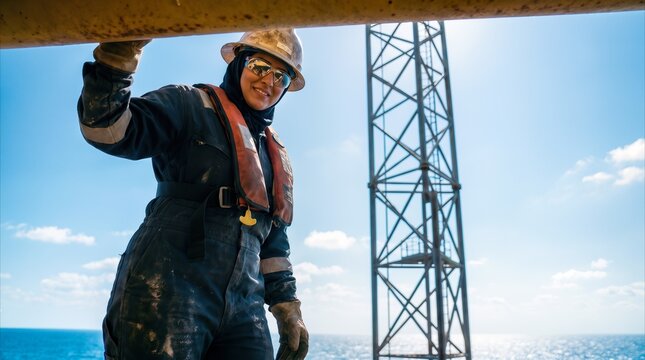 Female engineer smiling with safety equipment on offshore oil rig platform, symbolizing energy sector diversity.