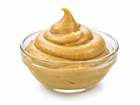 Yellow mustard sauce in a small glass bowl isolated on a white background