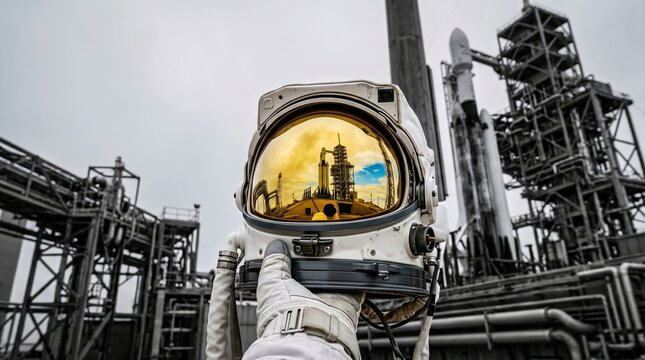 Astronaut helmet held reflecting rocket launchpad at spaceport, space exploration concept