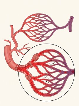 Detailed medical illustration of a capillary bed showing microcirculation and blood vessel branching in human anatomy.