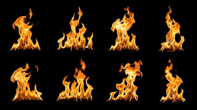 Assortment of authentic blazing tongues of flame glowing brightly against a pitch dark setting for cinematic compositions  realistic isolated fire flameblack background digital design