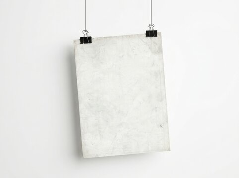 Blank vintage paper poster hanging with black binder clips isolated on white background