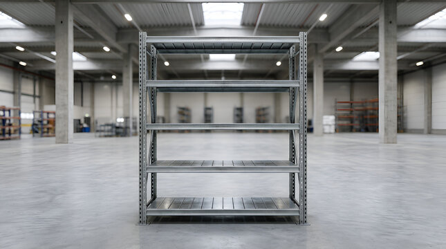 Heavy duty metal warehouse shelving in industrial storage facility