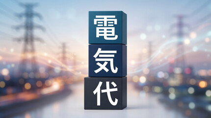 Obraz premium 送電鉄塔を背景に「電気代」の文字を重ねた光熱費イメージ