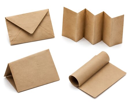 Kraft paper stationery items including envelope and folded brochures showcase professional mockup presentation design.