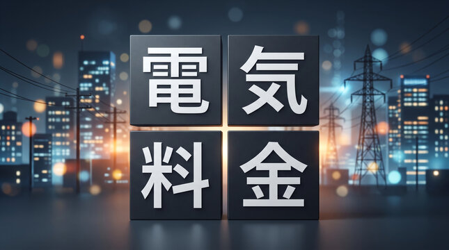 夜の街並みと送電線を背景に「電気料金」の文字を配置した概念画像