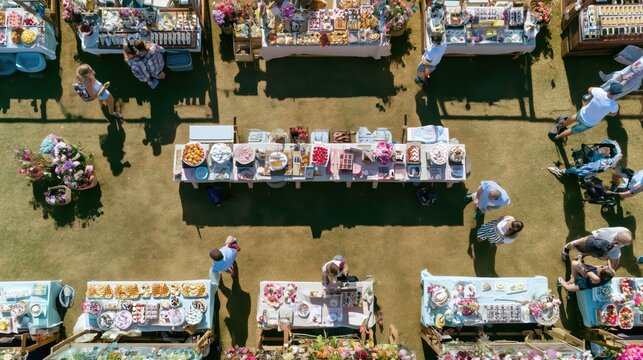 Aerial drone view of a sunny summer dessert festival with elegant stalls, waffles, ice cream, berries, floral decorations and visitors enjoying sweet treats.
