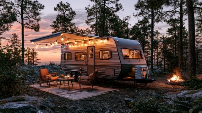 Stylish camping trailer glowing with warm lights, cozy outdoor seating, string lights and campfire in a pine forest at sunset, creating a peaceful vacation atmosphere.