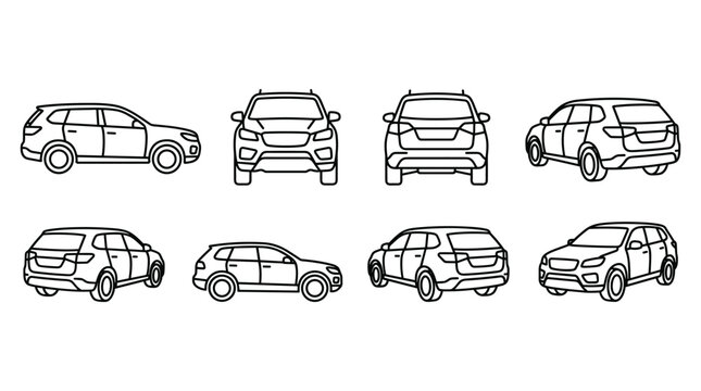 modern sport utility vehicle suv car outline line art in various angles for automotive design and presentations.