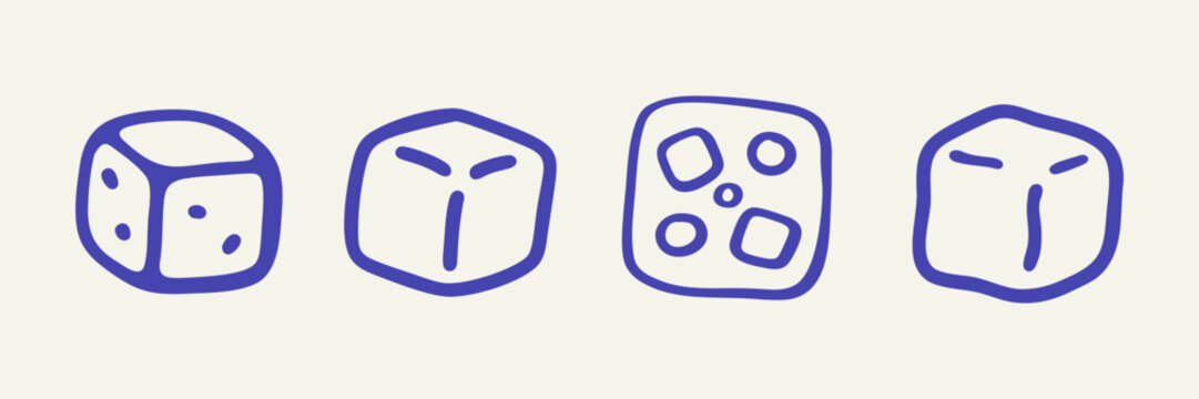 Dice Hand Drawn Doodle Icon Set. Game Pieces Used For Random Number Generation Sketch Symbol Collection. Board Games And Tabletop Gaming Context. Isolated Vector Illustration