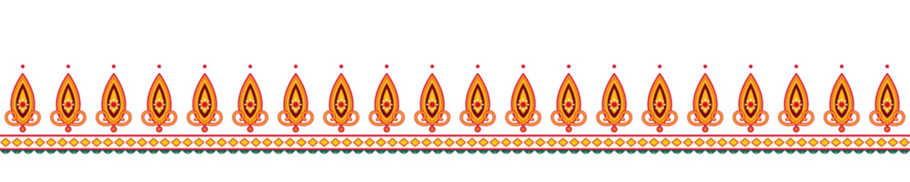 Traditional Durga Puja Indian Ethnic Border Pattern with Orange Paisley Ornaments, Decorative Seamless Floral Lace Trim for Textile Design and Fashion