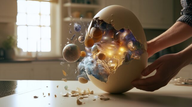 Surreal photorealistic kitchen scene featuring a gigantic cracked egg revealing a miniature universe of planets, stars, galaxies and cosmic clouds emerging from the shell.
