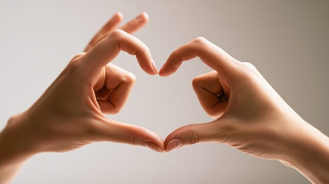 Close-up of two human hands communicating in sign language and forming a heart shape, with realistic skin texture, warm daylight, neutral background and clean minimal composition.