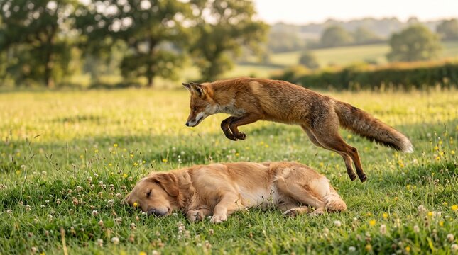 Wild red fox jumping over sleeping golden retriever dog, playful animal interaction in green summer meadow, wildlife and pet friendship